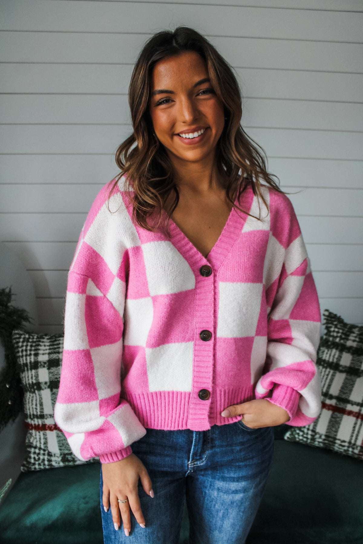 Checkered Cutie Cardigan Sweater • Pink