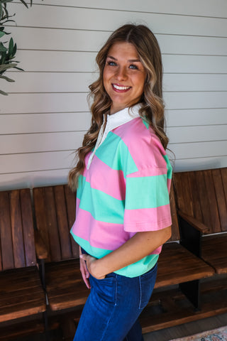 Need It Now Polo Top • Green/Pink
