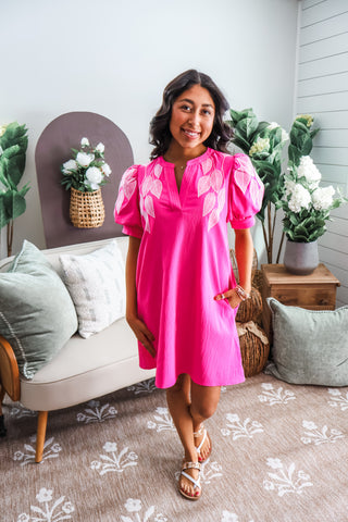 Ivy Embroidered Pocket Dress • Hot Pink - FINAL SALE