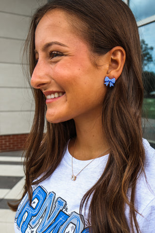 Checkered Cheer Bow Earrings • Blue