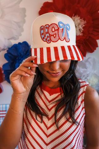 Party In The USA Trucker Hat • Tomato Stripe