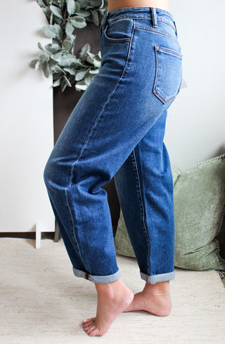 Jade High Rise Barrel Leg • Dark Wash