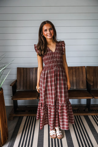 Plaid Perfection Ruffle Midi • Wine
