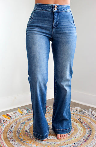 Perl Double Button Bootcut | Tummy Control • Medium Wash