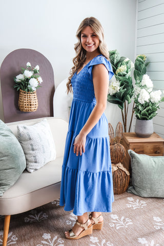 Smocked & Sweet Ruffle Midi • Blue