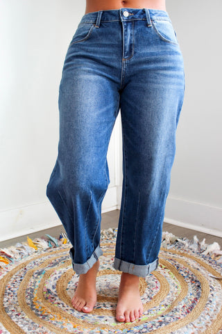 Audrey Darted Barrel Jean • Dark Wash