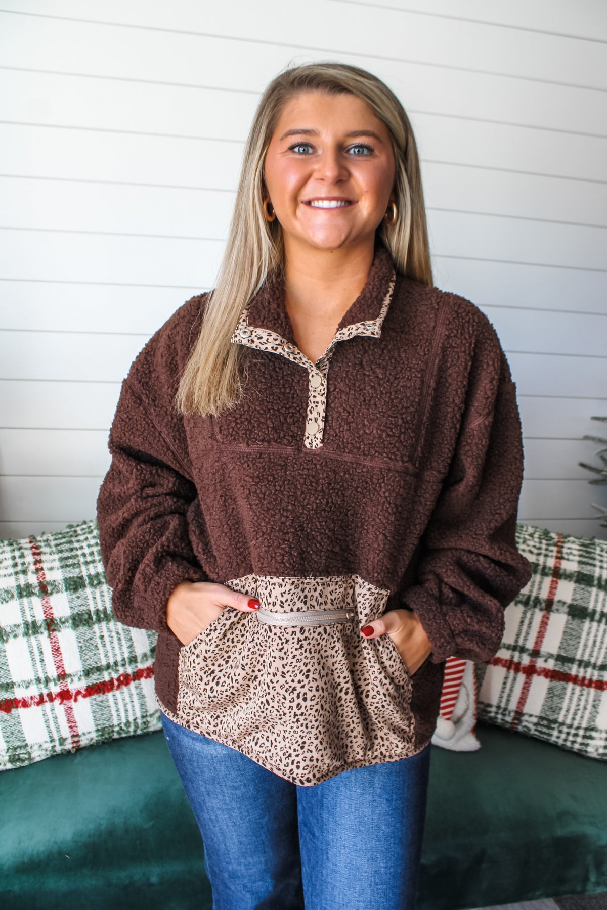 Hot Cocoa Season Sherpa Half Zip • Brown Leopard