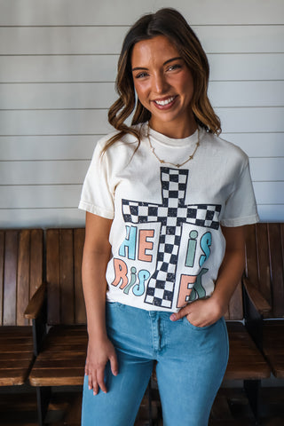 He Is Risen Checkered Cross Graphic Tee • Cream