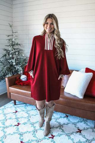 Toast To You Striped Trim Dress • Maroon