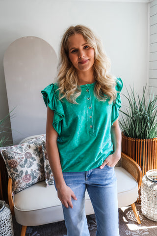 Fall Frenzy 9 • Green Ruffle Sleeve Henley - FINAL SALE