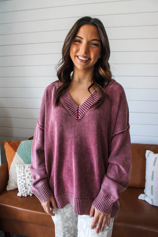 Wear On Repeat V-neck Sweater • Wine - FINAL SALE