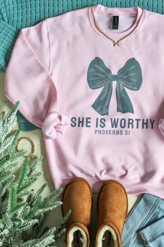 She Is Worthy Graphic Sweatshirt • Light Pink