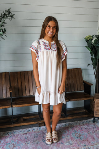 Island Sunsets Embroidered Dress • Cream