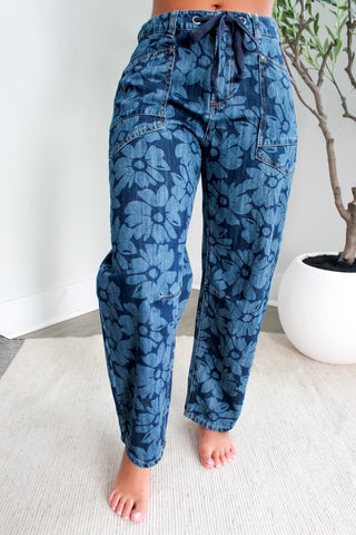 Ainslee Floral Print Barrel Jean • Dark Wash