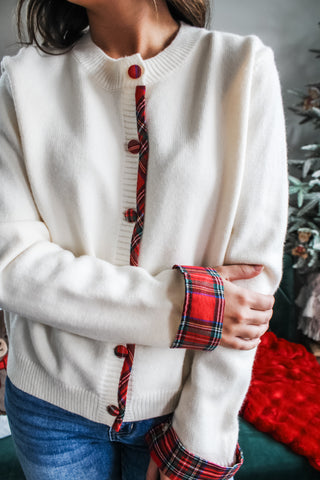 Christmas Core Plaid Trim Cardigan • Cream