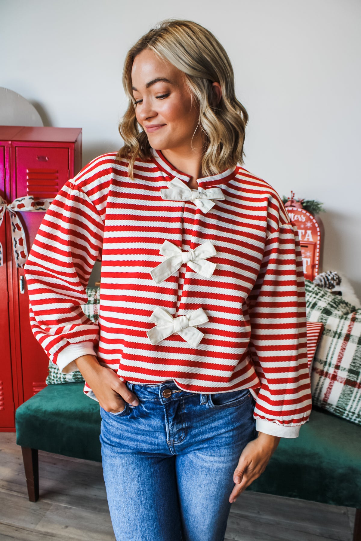 Holiday Wishes Bow Top • Red Stripe