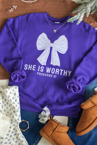She Is Worthy Graphic Sweatshirt • Purple