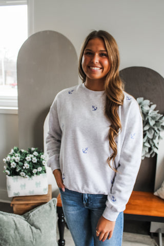 Anchors Away Embroidered Pullover • Ash Grey