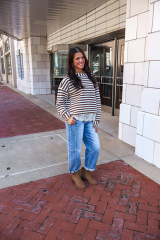 Savannah Striped Lace Trim Sweater • Brown