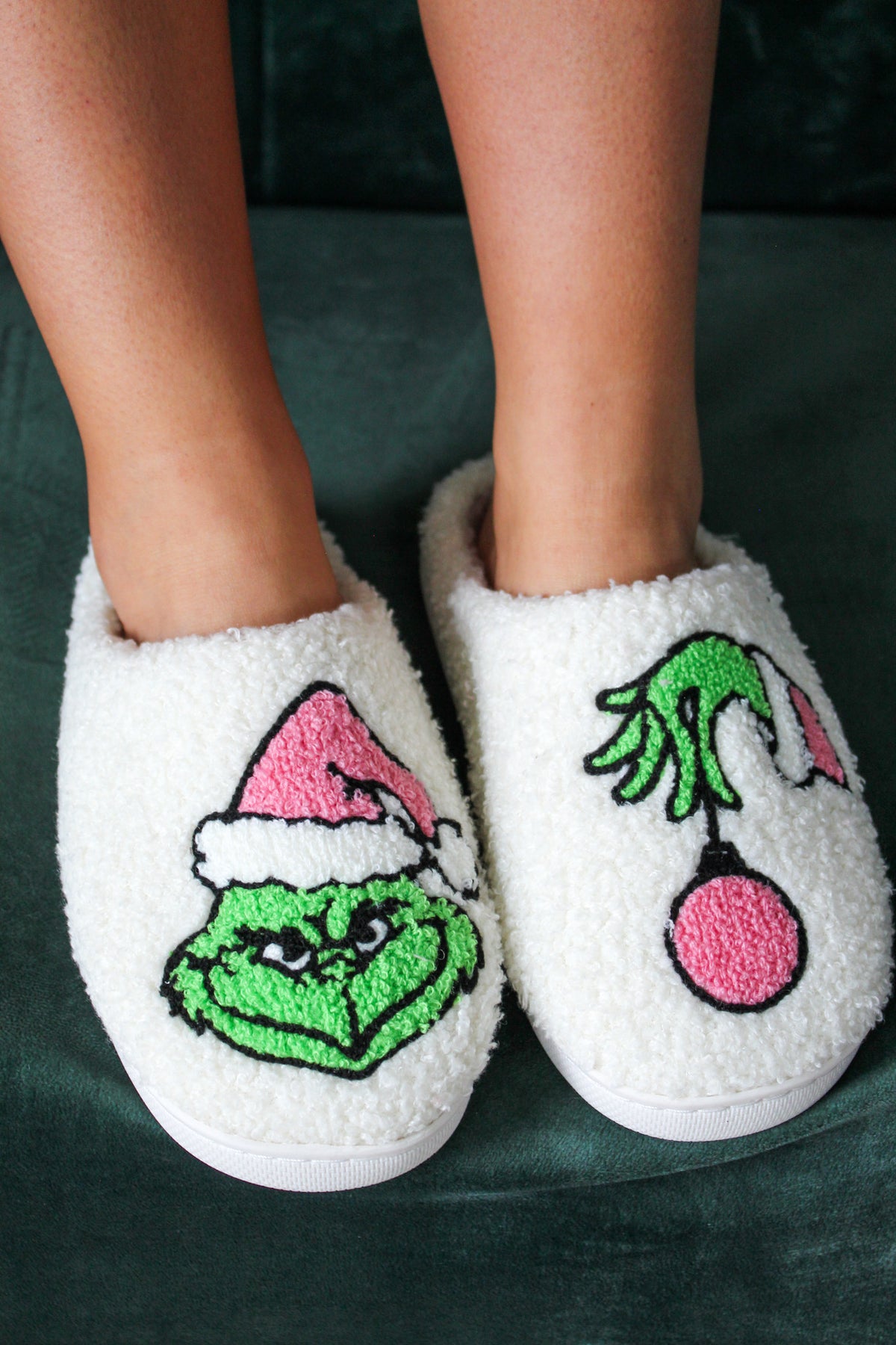 Feeling Grinchy Plush Slippers • Ivory