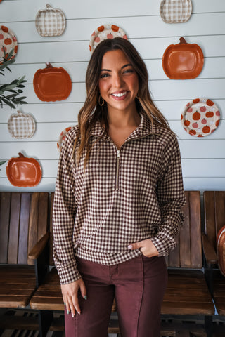 Gingham & Grace Half Zip • Chocolate