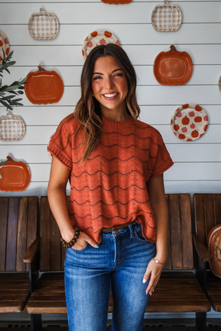 Rustic Ridge Pointelle Sweater • Rust/Brown
