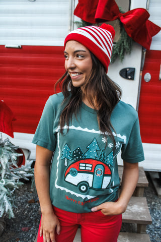 Peppermint Twist Pom Beanie • Red Stripe