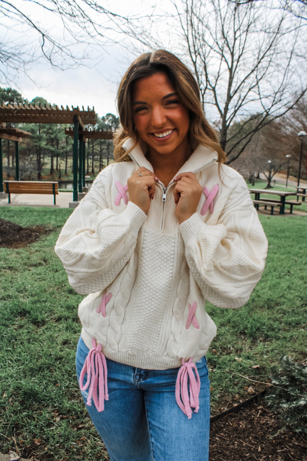 Lace It Up Cable Knit Pullover • Cream