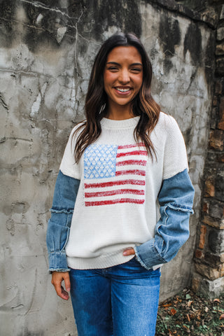 Patriotic Christmas Denim Sleeve Sweater • Cream