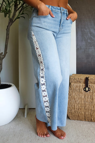 Ariana Floral Lace Wide Leg • Light Wash