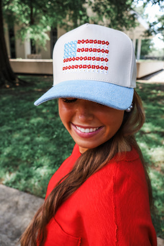 Stars & Stripes Floral Trucker Hat • Light Denim