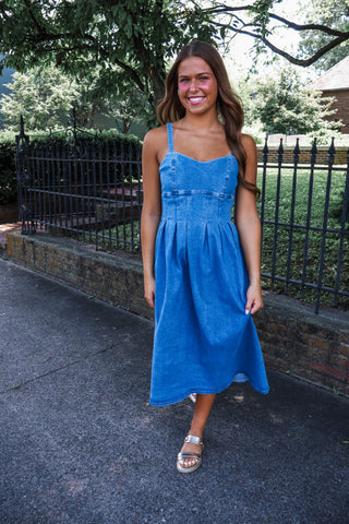 Denim Sweetheart Pleated Midi • Medium Wash