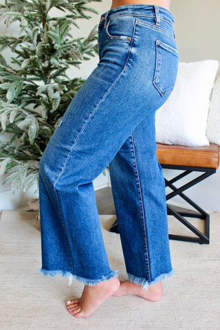 Shayla Frayed Hem Wide | Tummy Control • Dark Wash