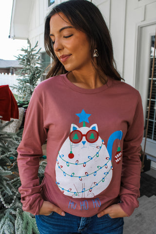 Tangled Tinsel Cat Graphic Tee • Mauve