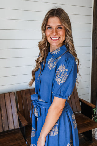 Natural Elegance Embroidered Dress • Denim Blue