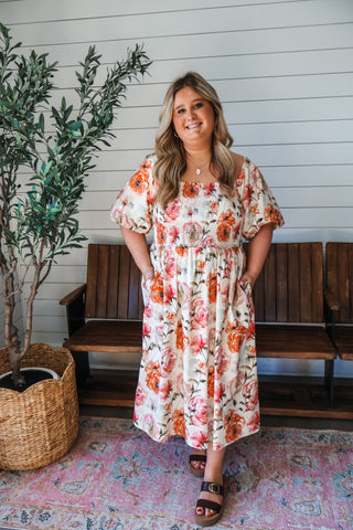 Rose Garden Smocked Midi • Cream Floral - PLUS