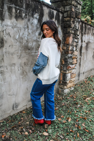 Patriotic Christmas Denim Sleeve Sweater • Cream