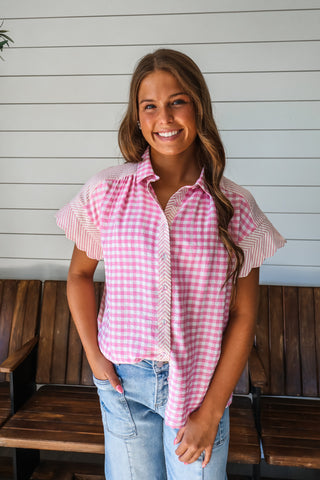 Charming Combination Gingham Top • Pink