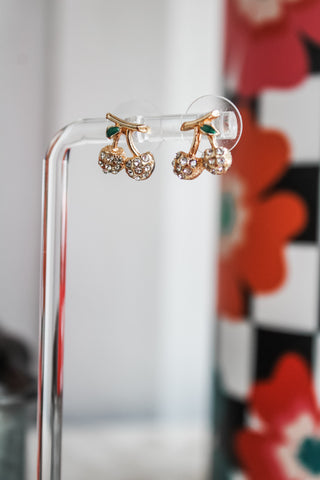 Sweet Cherry Sparkle Stud Earrings • White