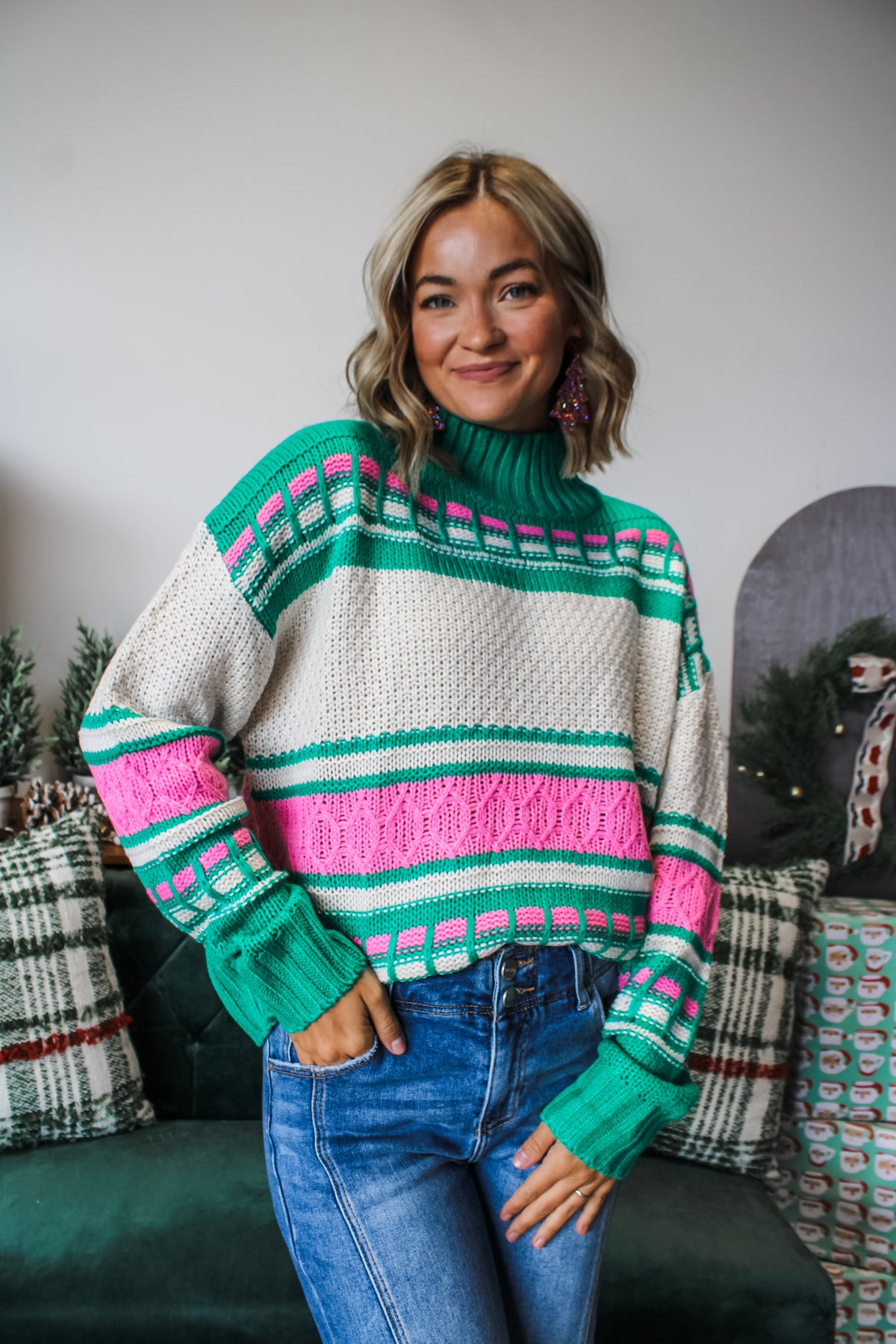 Merry & Bright Cable Sweater • Green Multi