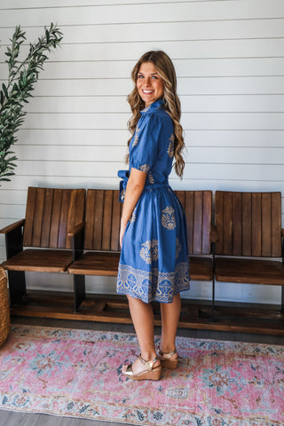 Natural Elegance Embroidered Dress • Denim Blue