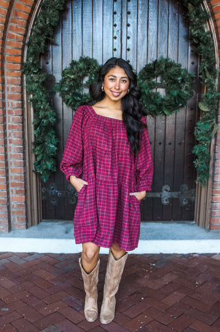 Pretty In Plaid Pocket Dress • Wine