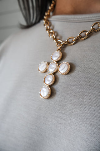 Good Graces Pearl Cross Necklace • White