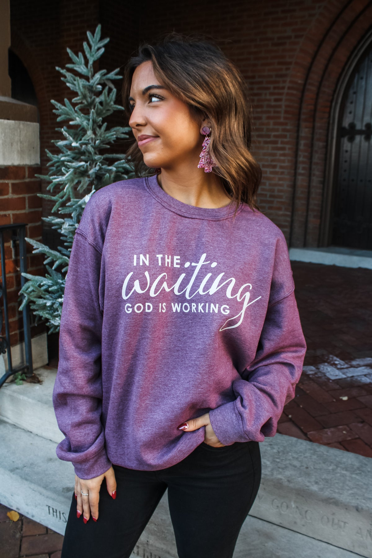 In The Waiting God Is Working Graphic Sweatshirt • Heather Wine