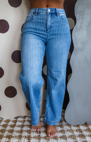 Isabella Pinstripe Straight | Tummy Control • Medium Wash