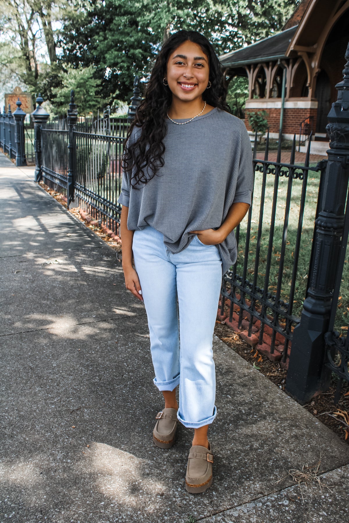 Harlow Waffle Dolman Tee • Gunmetal Grey