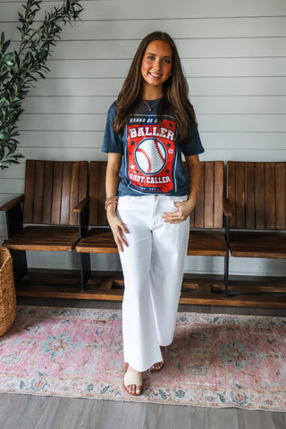 Baller • shot caller • baseball card graphic • navy star print tee