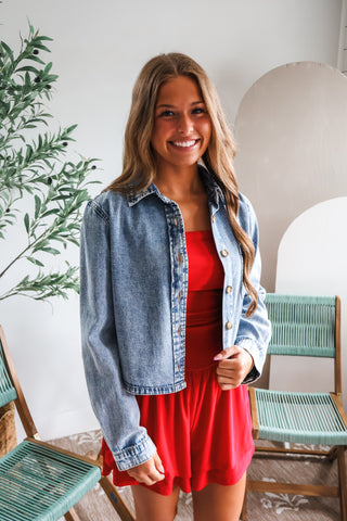 Demi Cropped Denim Shirt • Medium Wash