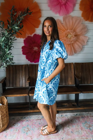Santorini Scene Pocket Dress • Blue