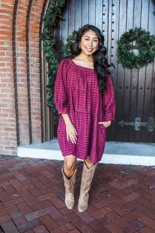 Pretty In Plaid Pocket Dress • Wine